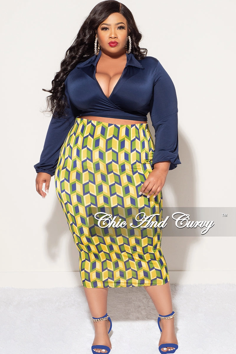 ElasticCuffs Final Sale Plus Size 2pc Long Sleeve Faux Wrap Collar Navy Crop Tie Top and Skirt Set in Yellow Multi Color Print