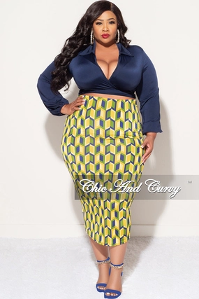 Final Sale Plus Size 2pc Long Sleeve Faux Wrap Collar Navy Crop Tie Top and Skirt Set in Yellow Multi Color Print ReinforcedKnees Casual Performance Wear