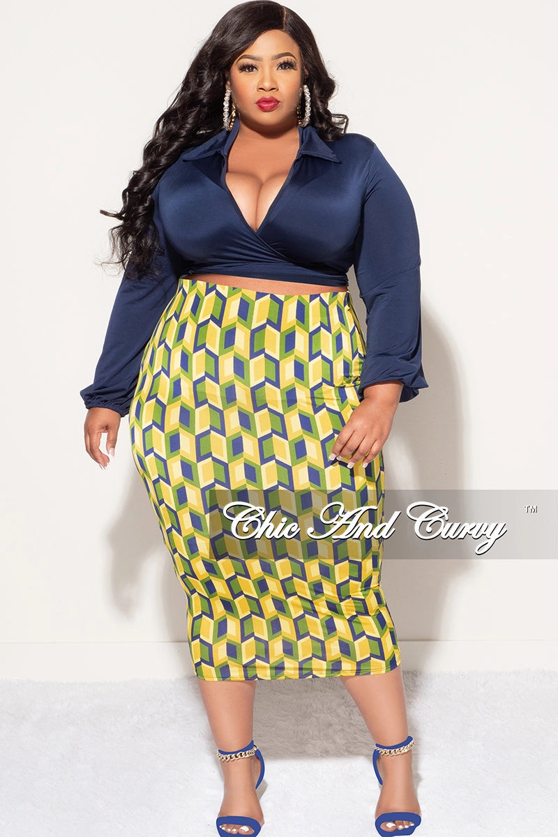 Final Sale Plus Size 2pc Long Sleeve Faux Wrap Collar Navy Crop Tie Top and Skirt Set in Yellow Multi Color Print Move Comfort Stay Flexible