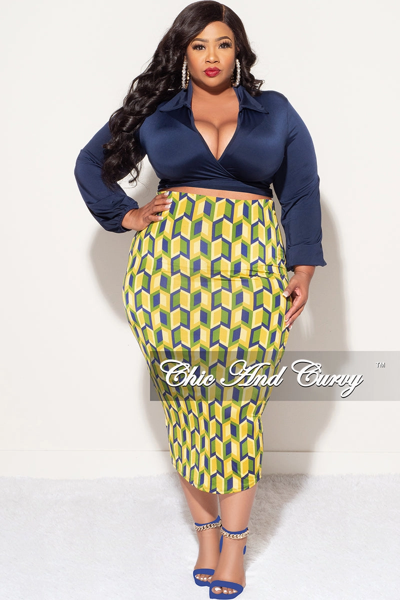 Final Sale Plus Size 2pc Long Sleeve Faux Wrap Collar Navy Crop Tie Top and Skirt Set in Yellow Multi Color Print Perfect Pair Tough Flex