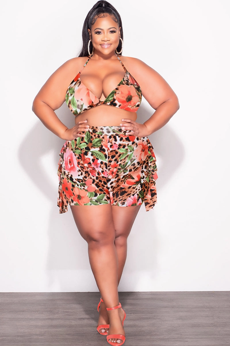 Final Sale Plus Size 2pc Poolside Playsuit (Bikini Top & High Waist Shorts) Set in Animal Print BreathableMeshLining