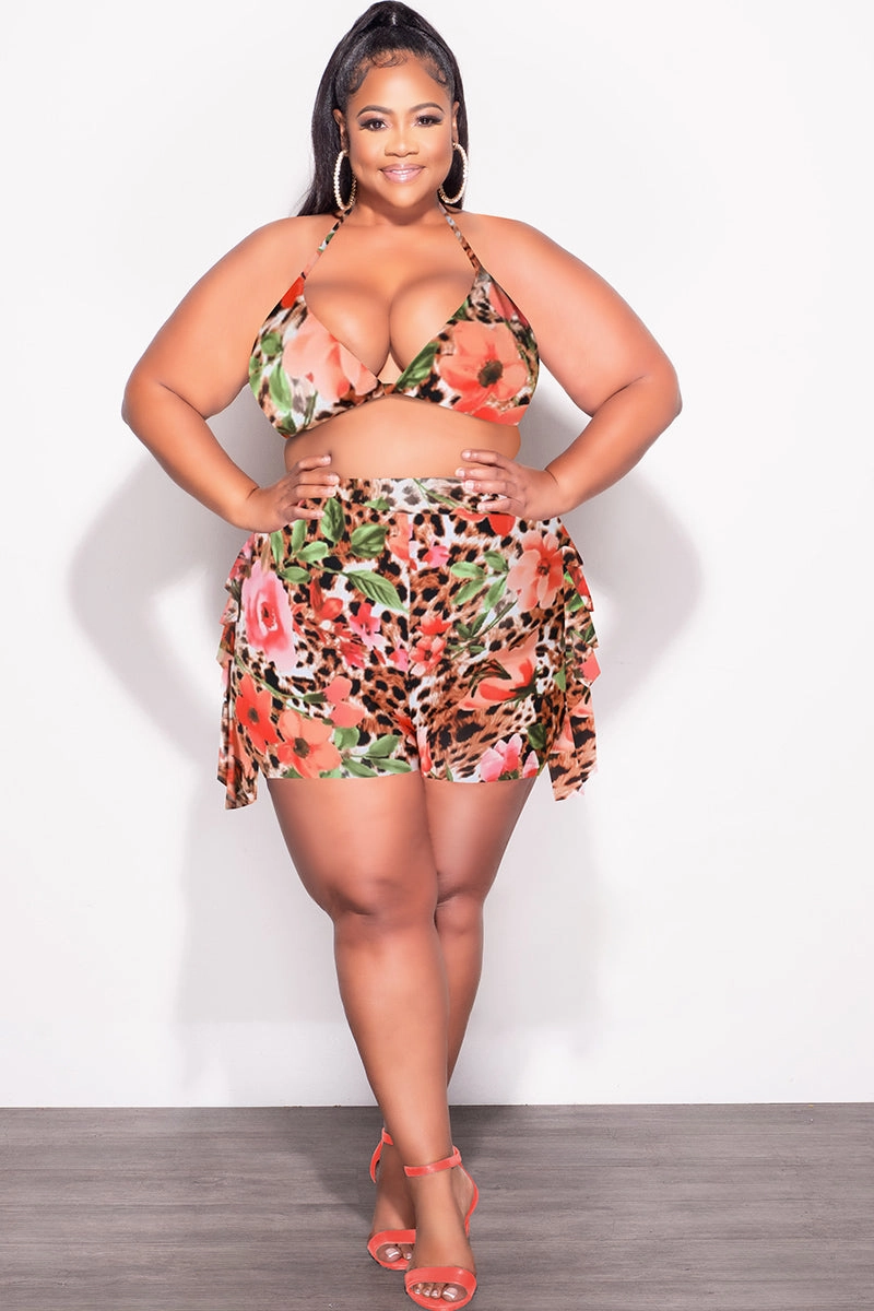 Final Sale Plus Size 2pc Poolside Playsuit (Bikini Top & High Waist Shorts) Set in Animal Print Flexible Comfort