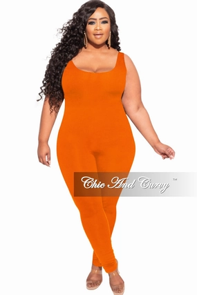 Final Sale Plus Size Tank Unitard Catsuit in Orange Embroidered Detail