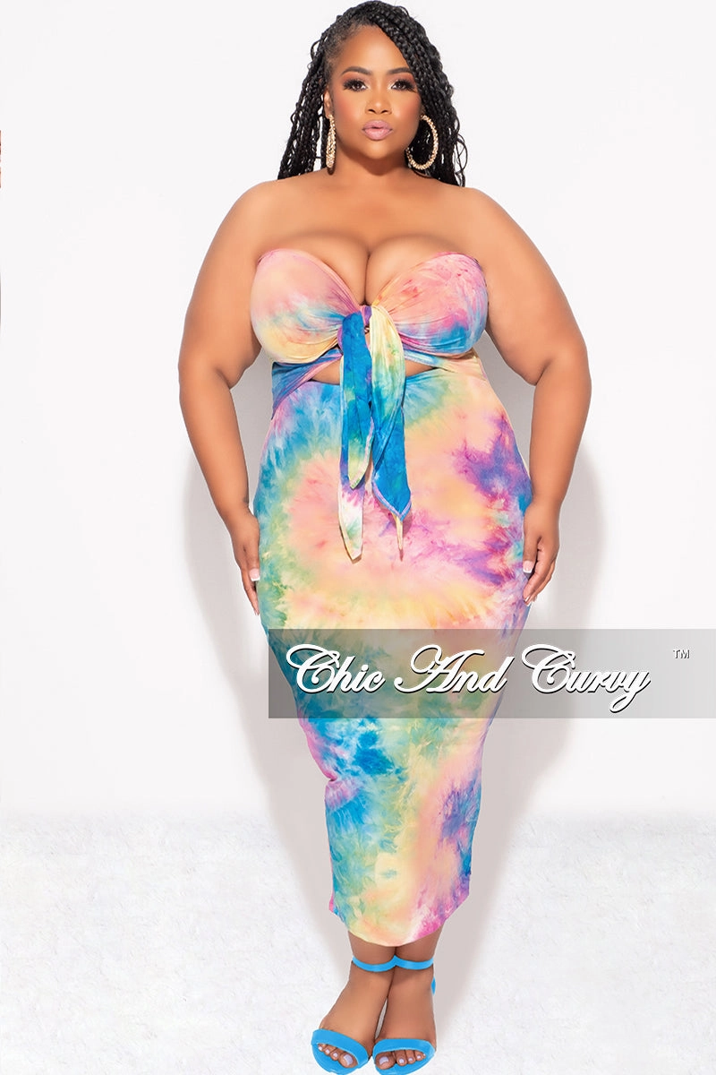 Final Sale Plus Size Strapless Bodycon Dress with Double Tie in Rainbow Cloud Tie Dye Print Core Flex ThermalRegulatingLining