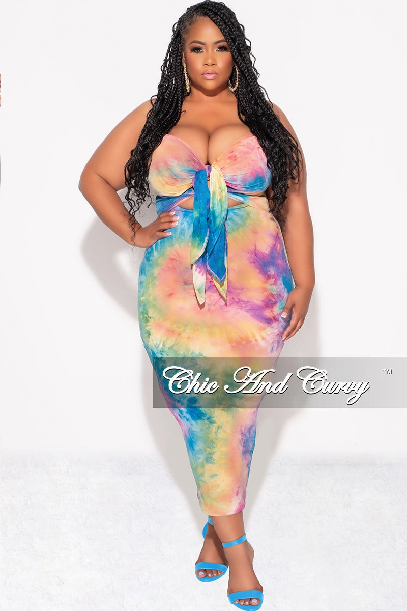 Weather Flex Hygienic Coating Final Sale Plus Size Strapless Bodycon Dress with Double Tie in Rainbow Cloud Tie Dye Print