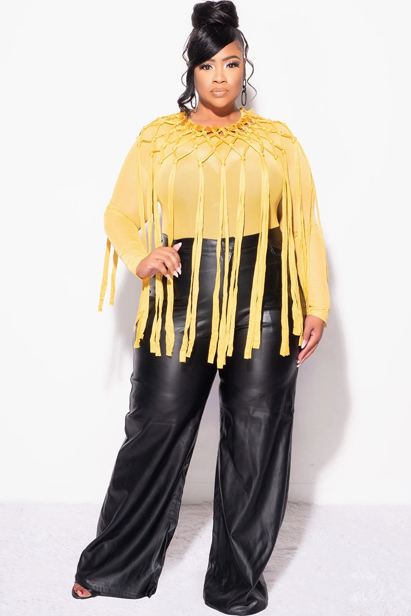 Breathable mesh lining Reinforced Stress Points Final Sale Plus Size Sheer Mesh Crochet Fringe 2pc Bodysuit with Overlay in Mustard