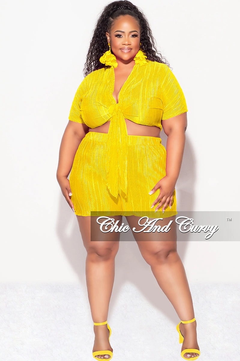 Soft and Cozy Final Sale Plus Size 2pc Pleated Crop Tie Top & Short Set in Yellow