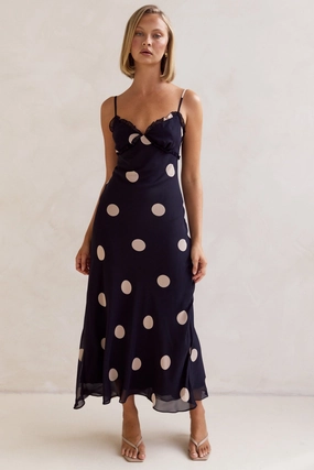 Quilted-Lining Relaxed Waist Olivia Midi Dress (Navy)