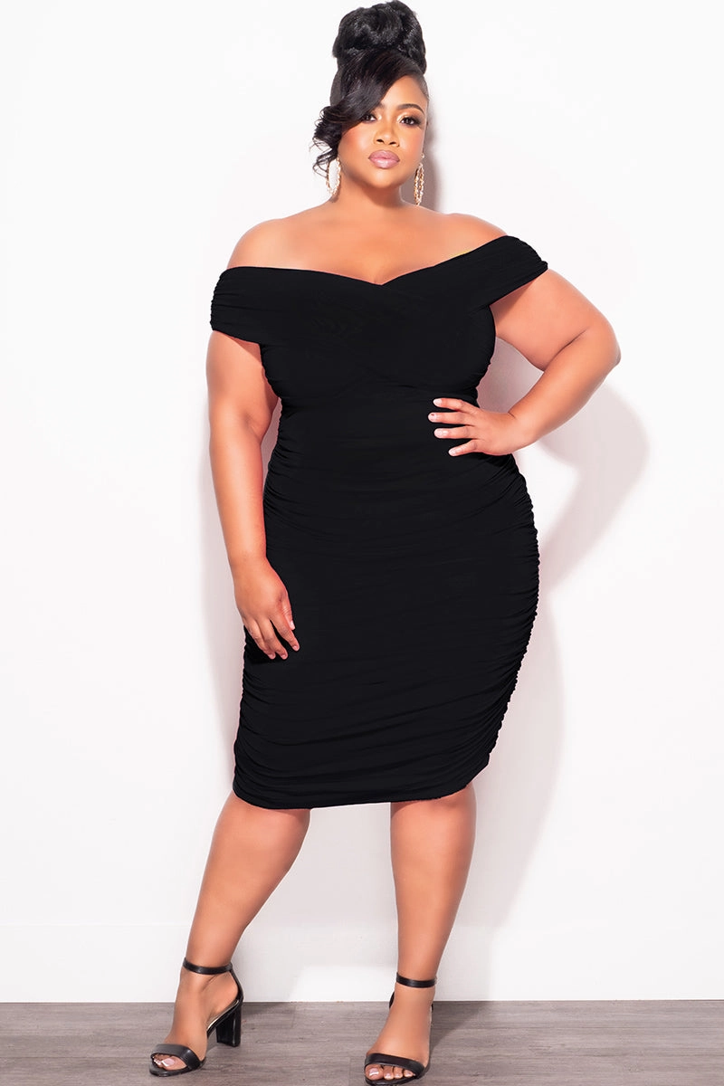 Final Sale Plus Size Sheer Midi Dress with Ruched Sides in Black Flexible Comfort
