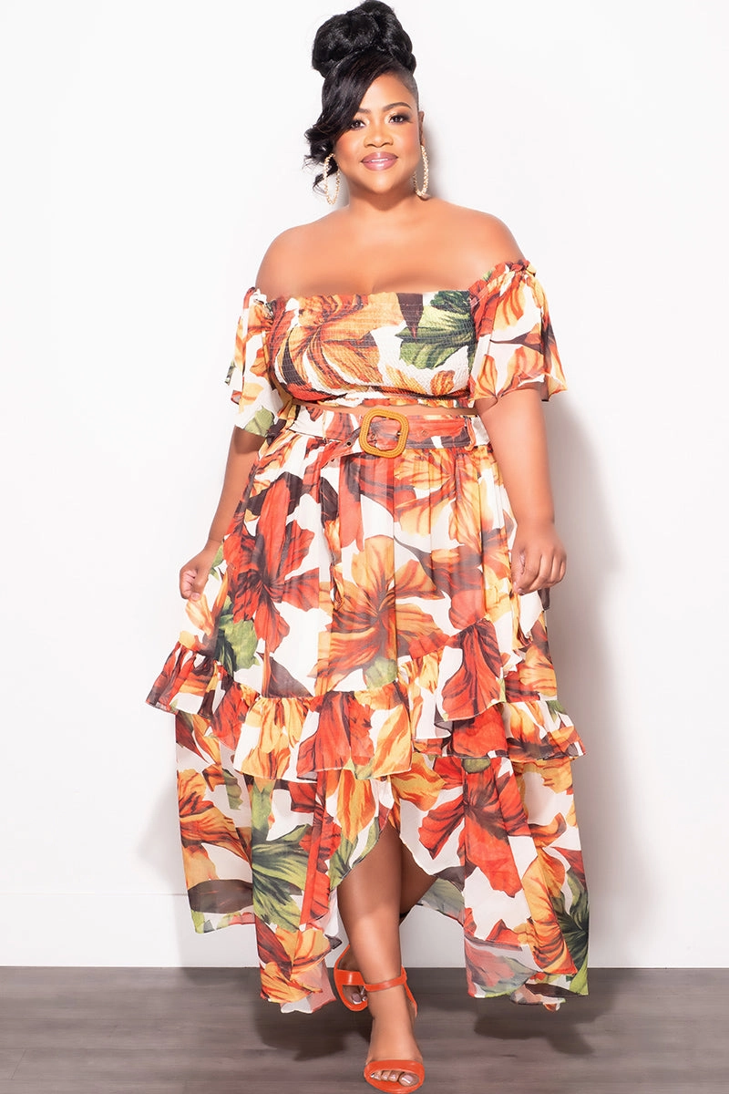 Modern Design Utility pocket Final Sale Plus Size Chiffon 2pc Set with Belt in Rust Leaf Print
