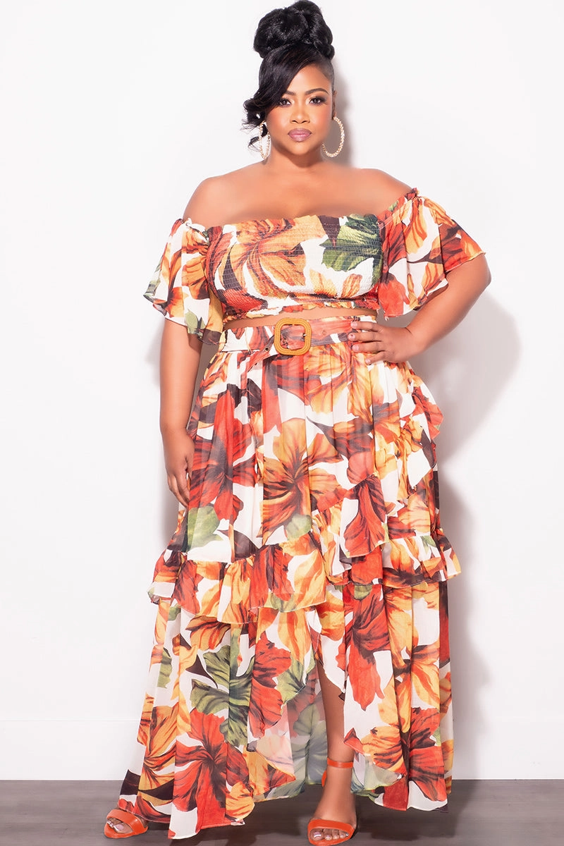 Final Sale Plus Size Chiffon 2pc Set with Belt in Rust Leaf Print Fit For Movement Multipurpose Design