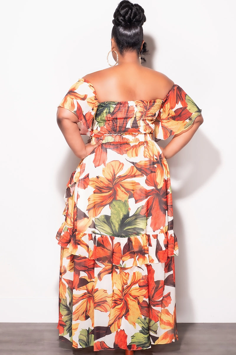 Final Sale Plus Size Chiffon 2pc Set with Belt in Rust Leaf Print Lounge-friendly Effortless Fit