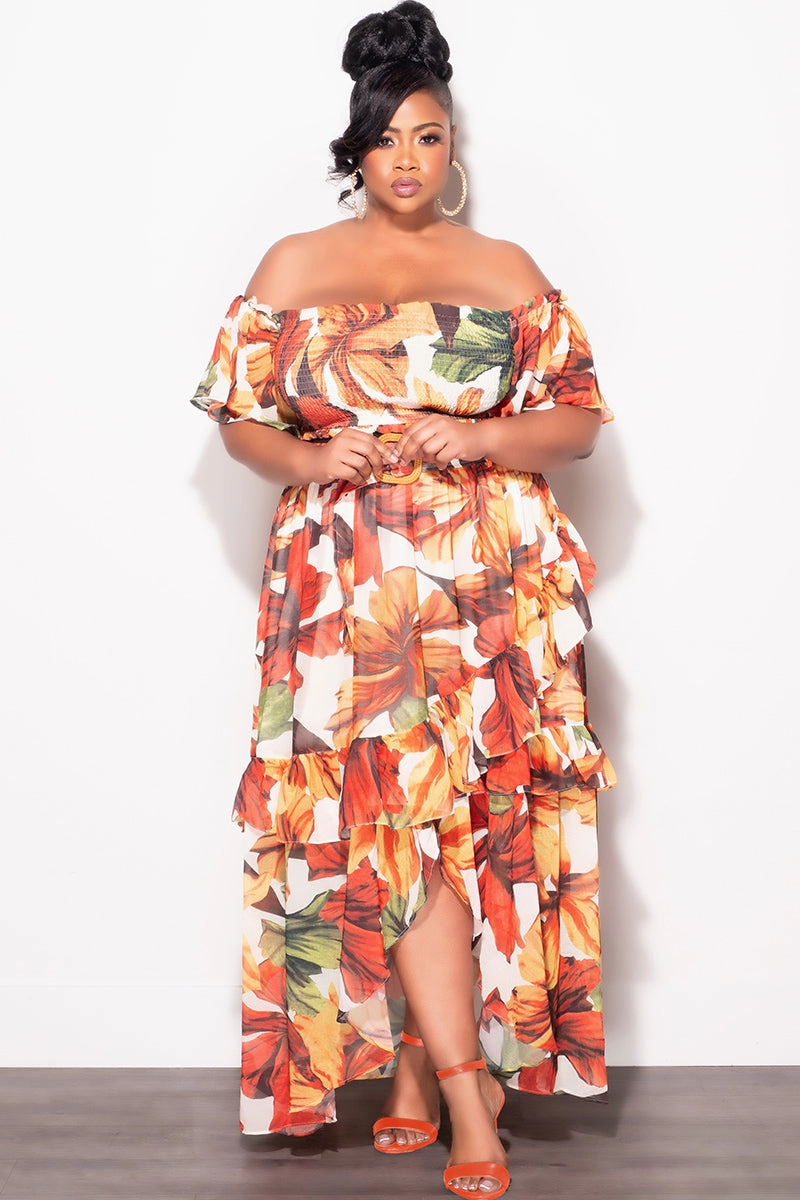 Final Sale Plus Size Chiffon 2pc Set with Belt in Rust Leaf Print Movement Ready Fit Tough Materials
