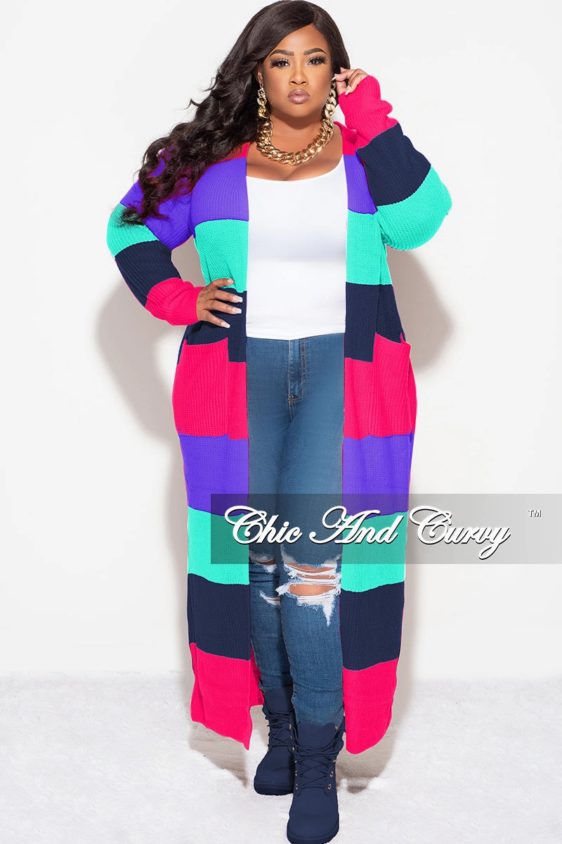 Final Sale Plus Size Knit Sweater Duster Hot Pink Purple Turquoise and Navy Comfortable Waistband