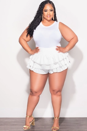 Wrinkle resistant fabric Final Sale Plus Size Ruffle Layered Short Shorts in White