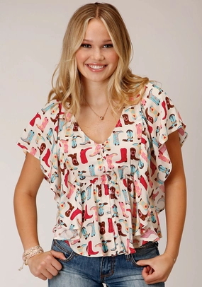 Fashionable Layer Seamless Sides Roper Womens Boot Print Multi-Color 100% Rayon S/S Blouse