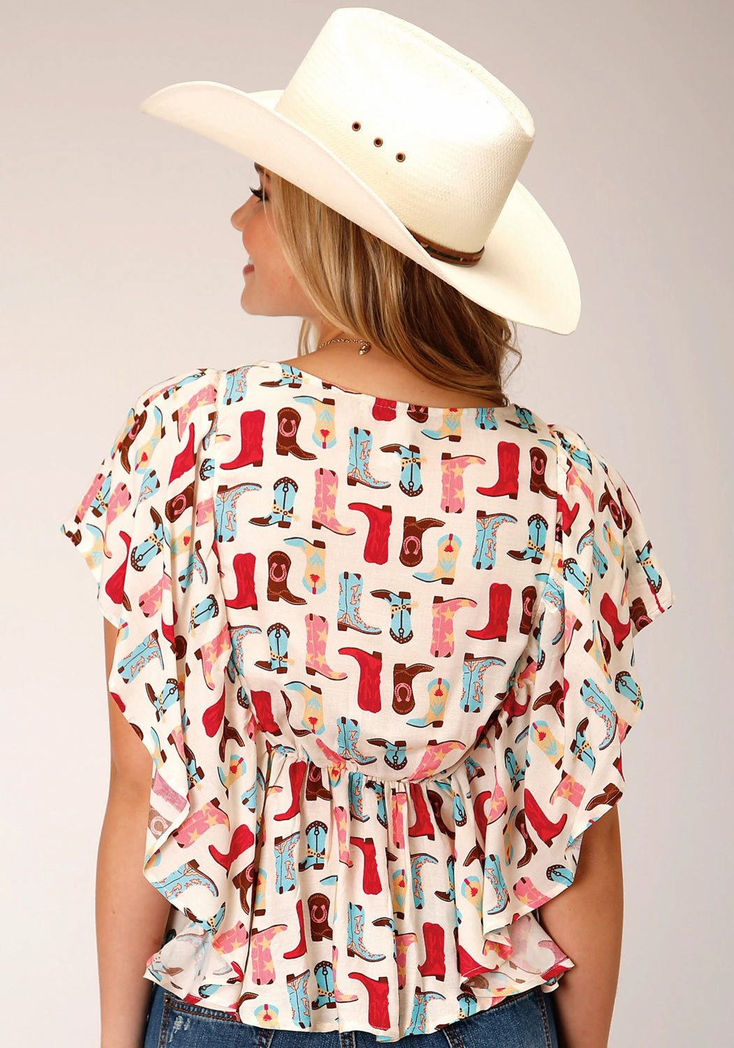 Roper Womens Boot Print Multi-Color 100% Rayon S/S Blouse Multipurpose Utility Athleisure Trend