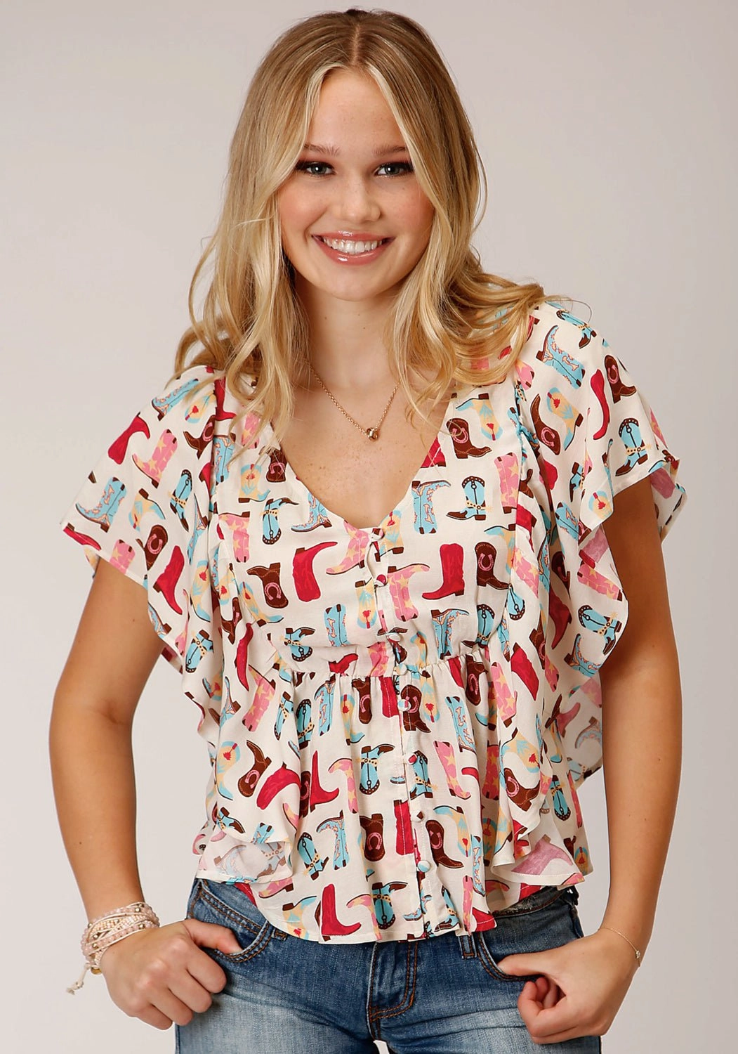 Ergonomic Back Panel Ethical production Roper Womens Boot Print Multi-Color 100% Rayon S/S Blouse