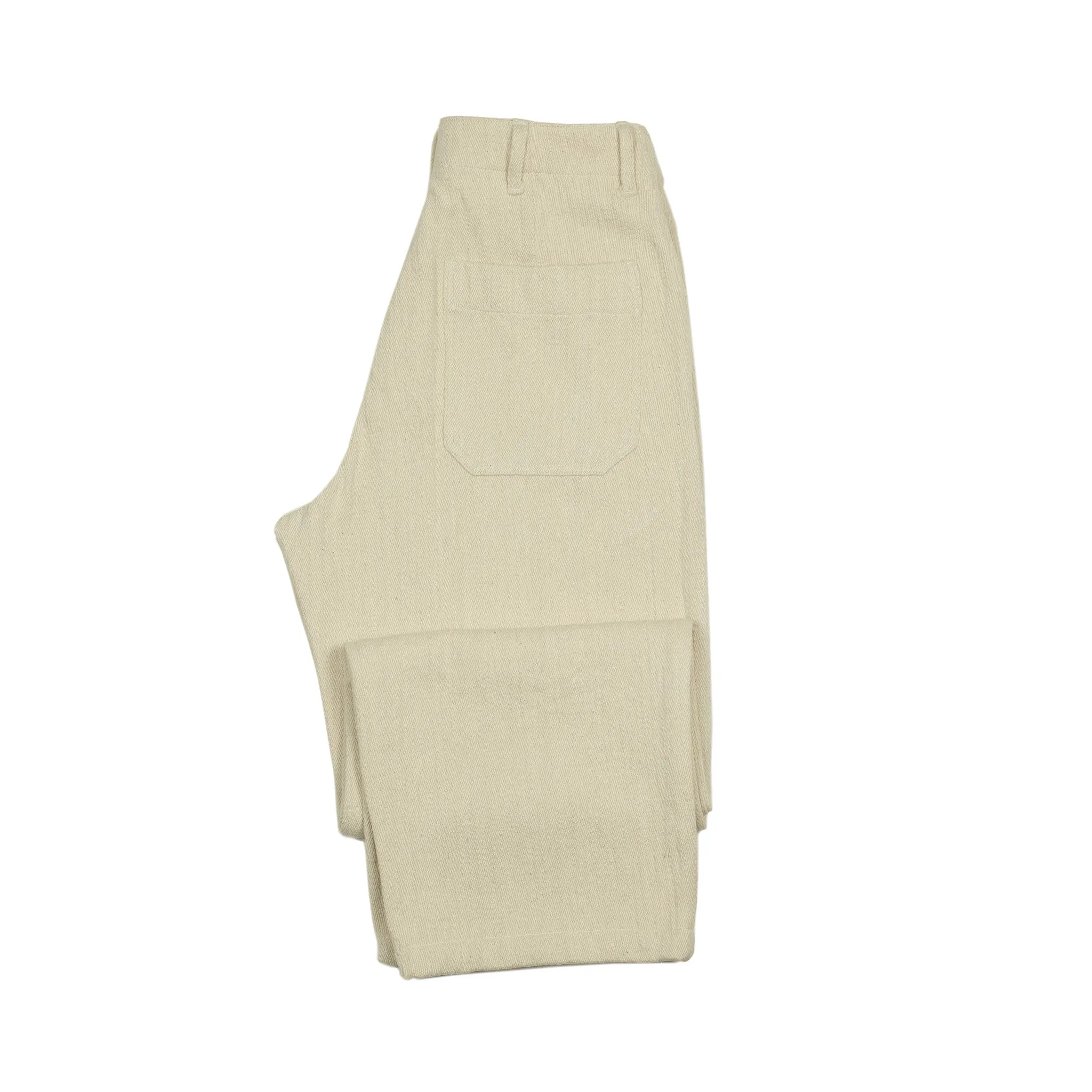 Flat front trousers in natural slubby handwoven cotton denim