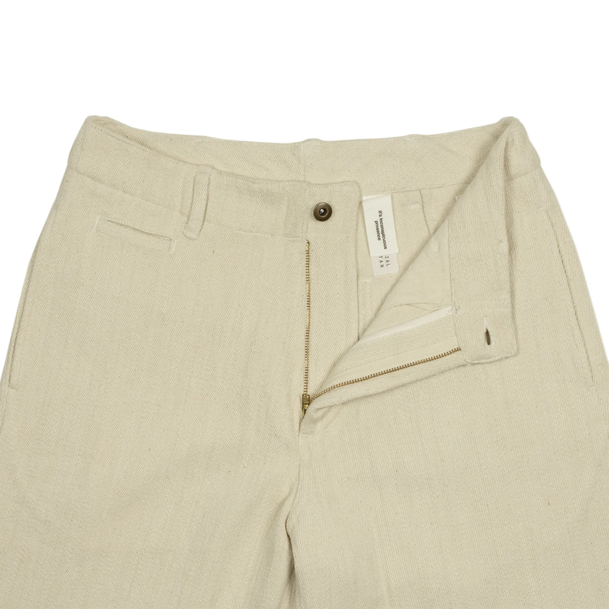 Flat front trousers in natural slubby handwoven cotton denim