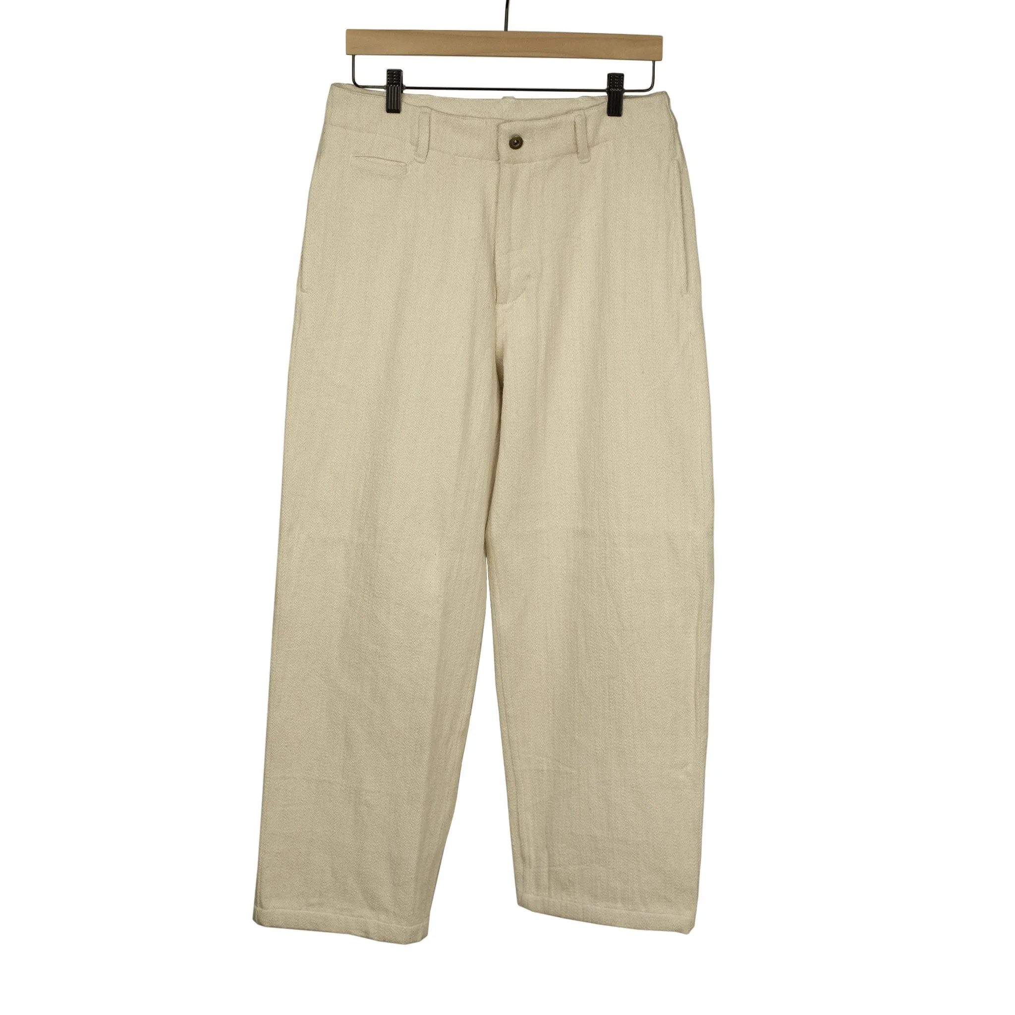Flat front trousers in natural slubby handwoven cotton denim