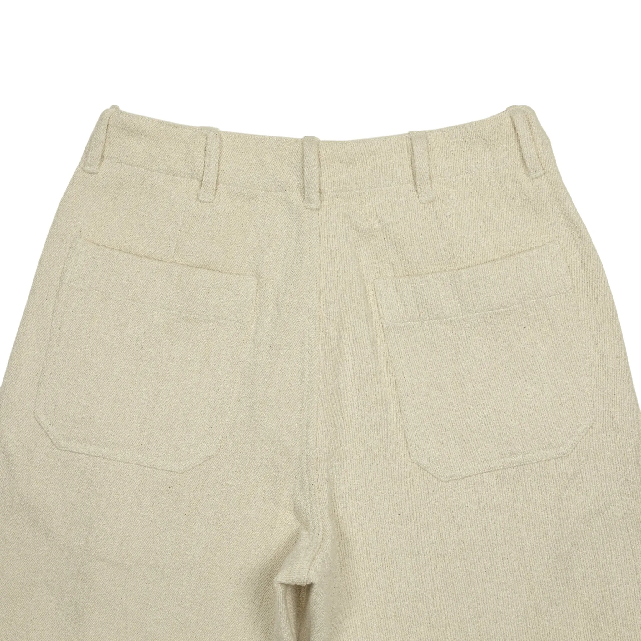 Flat front trousers in natural slubby handwoven cotton denim