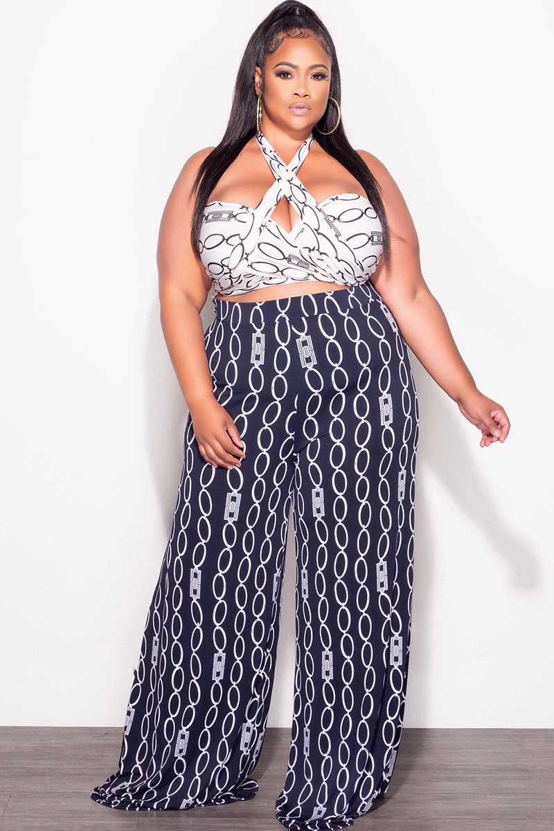 Final Sale Plus Size 2pc Set Black & White Self Tie Top & Pants in Navy & White Chain Print Flexible Fit Wind Resistance