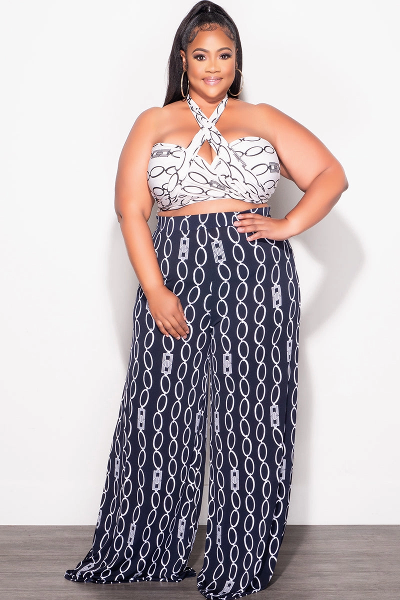 Final Sale Plus Size 2pc Set Black & White Self Tie Top & Pants in Navy & White Chain Print ArticulatedJoints