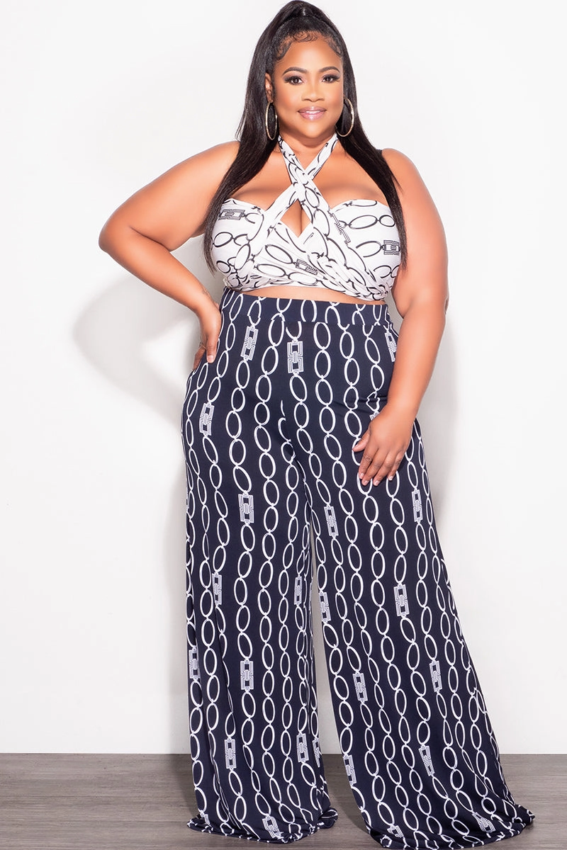 Final Sale Plus Size 2pc Set Black & White Self Tie Top & Pants in Navy & White Chain Print Sport Performance Design