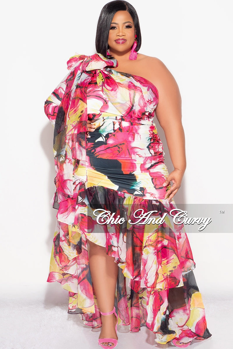 Final Sale Plus Size 2pc Chiffon One Shoulder Crop Tie Top and Asymmetrical Highlow Ruffle Layered Skirt Set in Fuchsia and Yellow Sporty Appeal