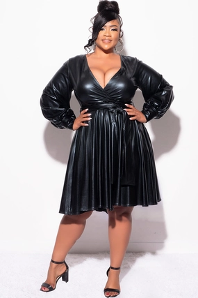 Final Sale Plus Size Long Sleeve Faux Wrap Skater Dress in Vegan Liquid Black Ultra Soft