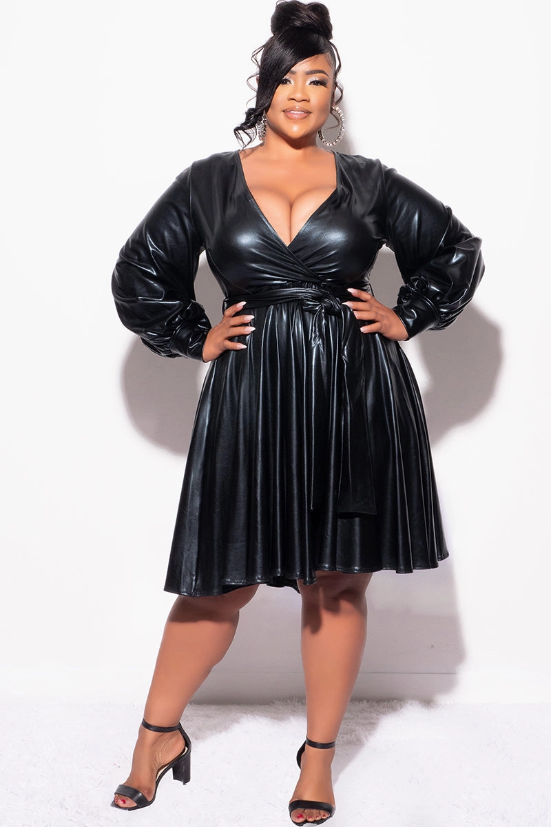 Final Sale Plus Size Long Sleeve Faux Wrap Skater Dress in Vegan Liquid Black Ultra Soft