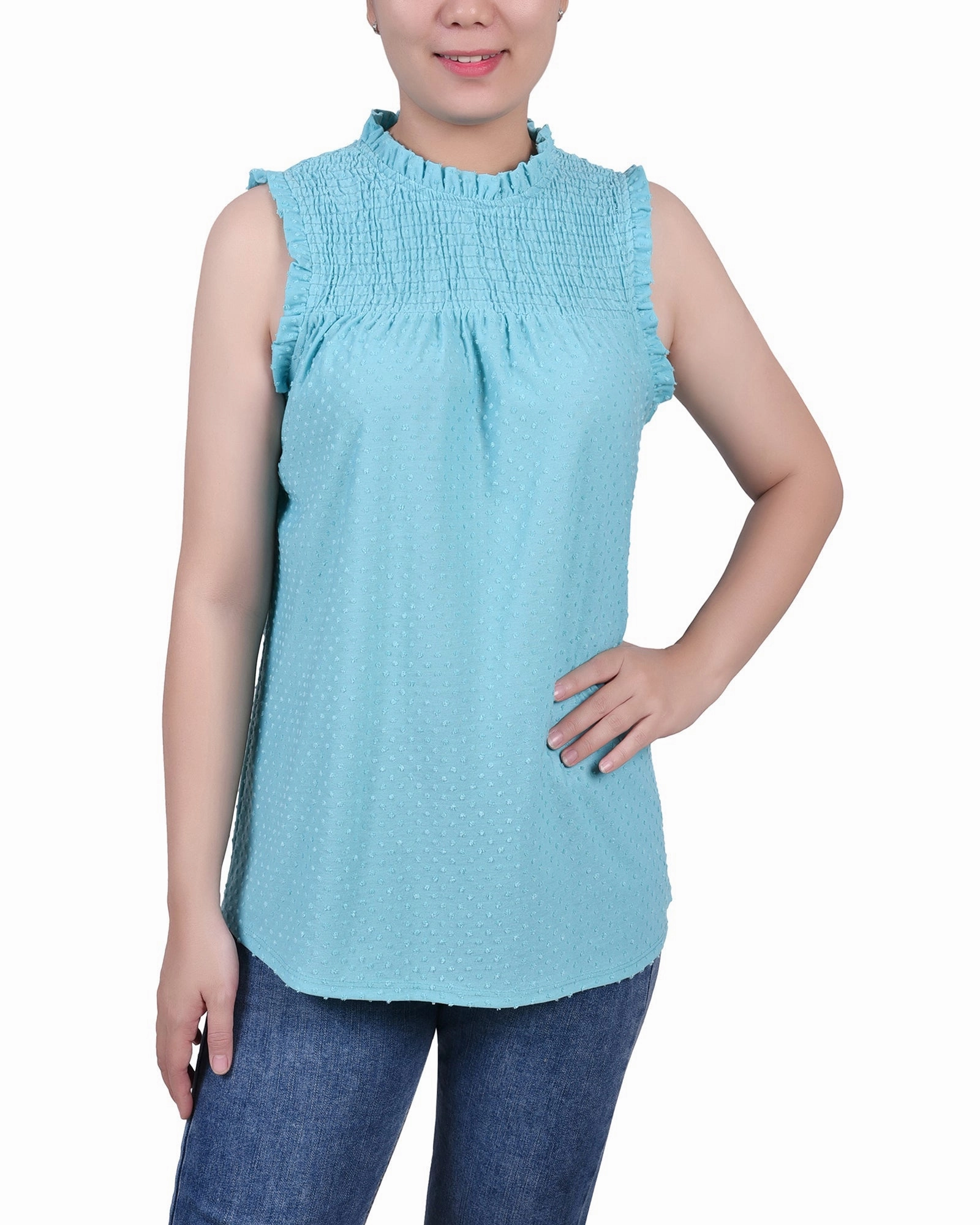 Bonded Seam Durability Fitted Blouse Sleeveless Yoke Top With Ruffles