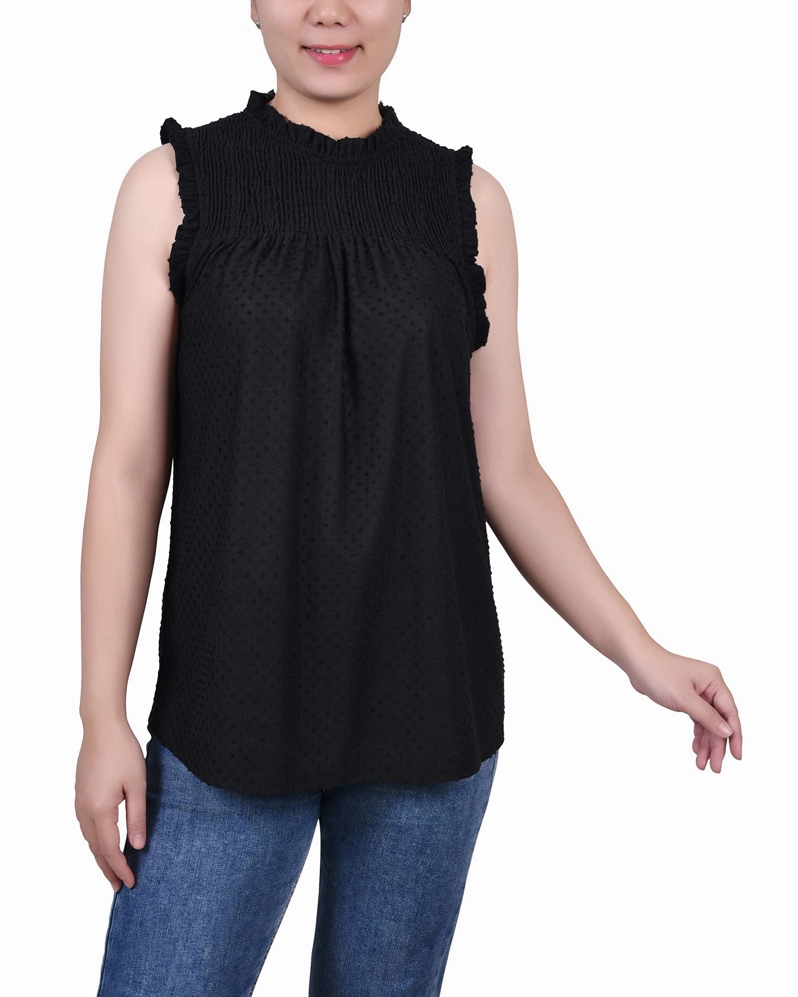 Flowy Tunic Yarn Dyed Fabric Sleeveless Yoke Top With Ruffles