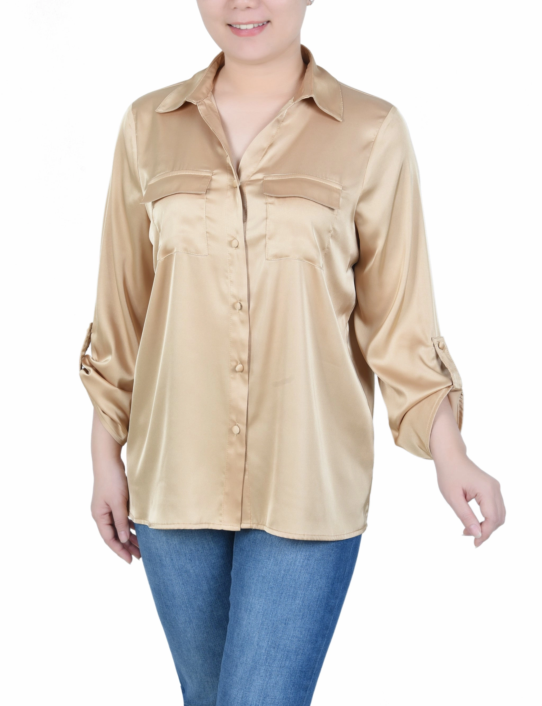 DoubleLayeredShoulders Petite 3/4 Sleeve Roll Tab Satin Blouse