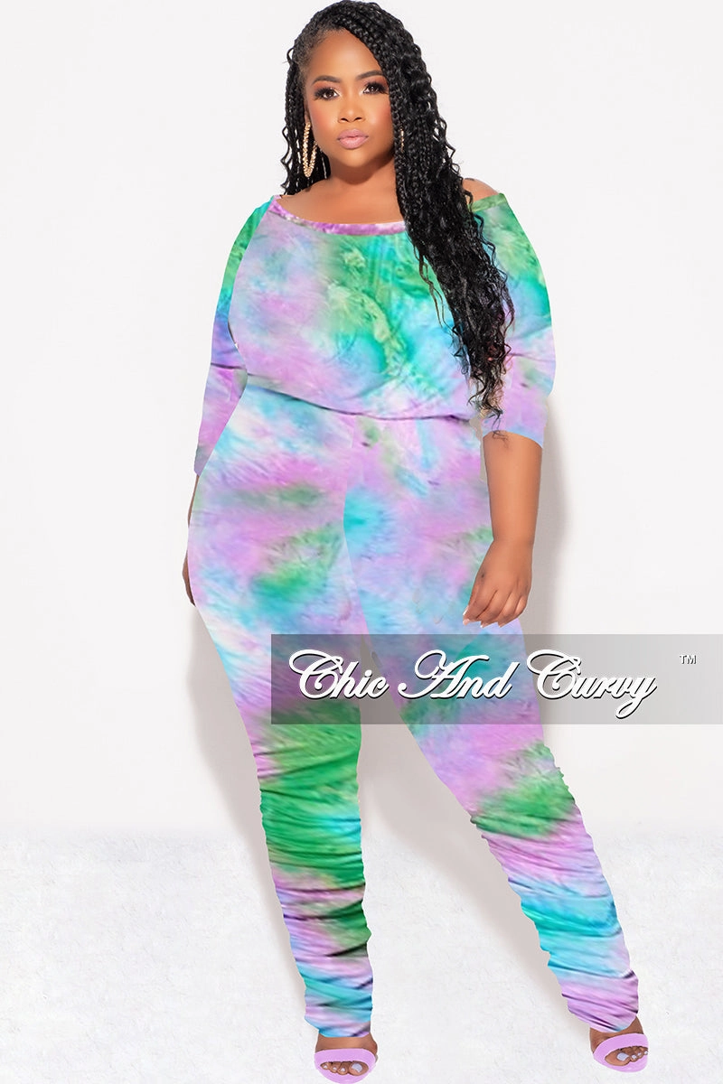 Functional Comfort Wear Yoga Ready Final Sale Plus Size Jumpsuit with Ruched Legs in Purple, Green & Blue Tie Dye