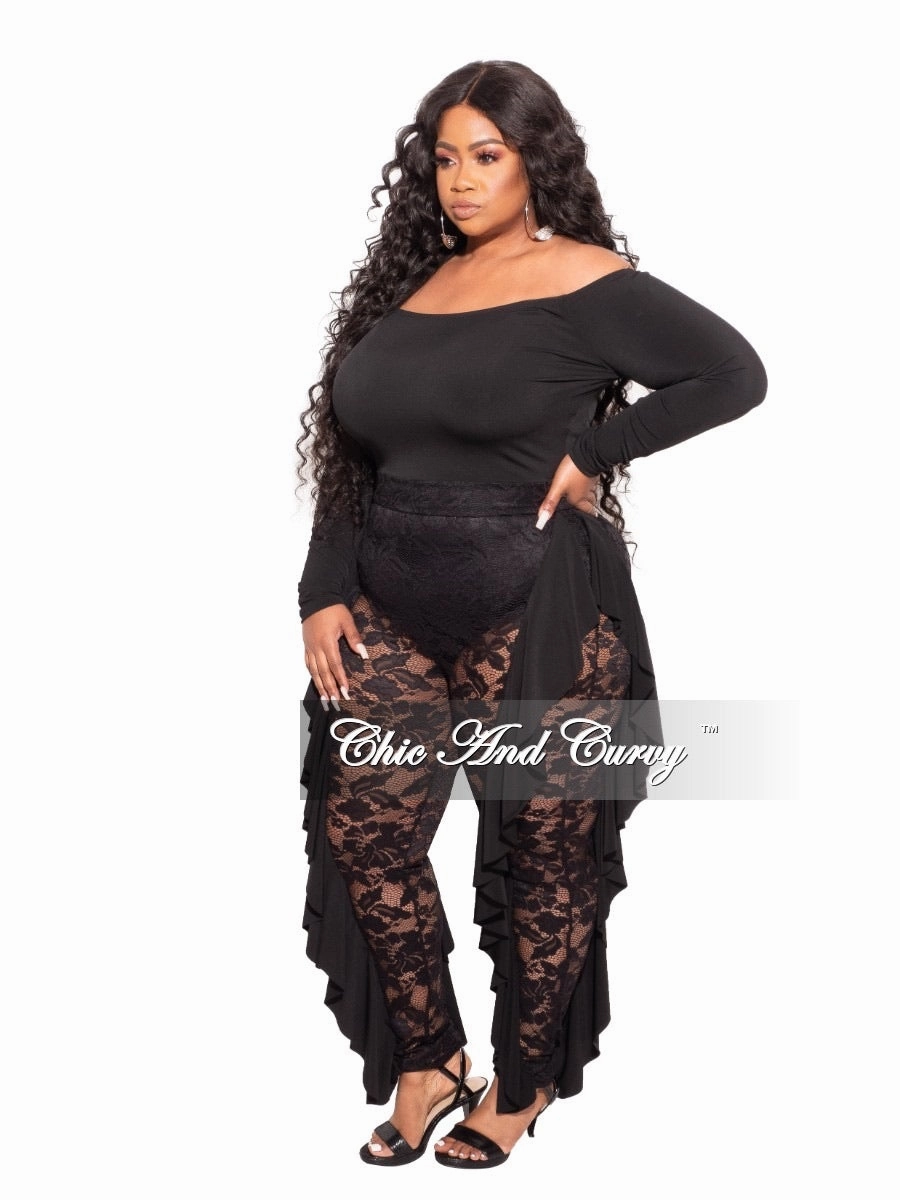 HiddenPockets simple design Final Sale Plus Size Long Sleeve Off The Shoulder Jumpsuit in Black Lace