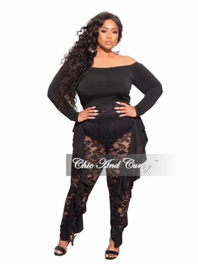 Final Sale Plus Size Long Sleeve Off The Shoulder Jumpsuit in Black Lace Body shaping