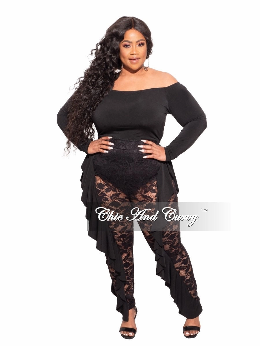 Final Sale Plus Size Long Sleeve Off The Shoulder Jumpsuit in Black Lace Sporty Vibe