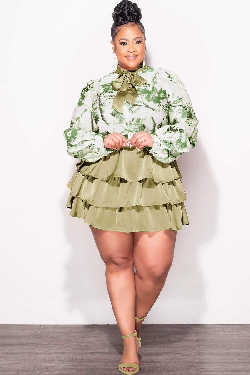 Final Sale Plus Size 2pc Set Button Up Collar Tie Top and Ruffle Layered Hem Mini Skirt in Olive Versatile Fashion