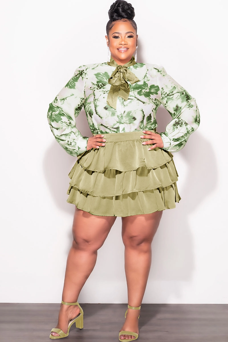 Final Sale Plus Size 2pc Set Button Up Collar Tie Top and Ruffle Layered Hem Mini Skirt in Olive Mesh Lined