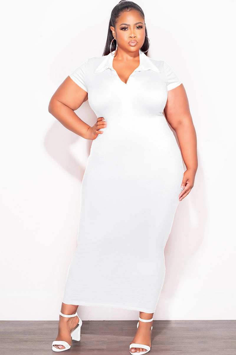 Casual Style Final Sale Plus Size Collar V Neck Midi Dress in White