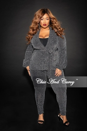Final Sale Plus Size Final Sale Plus Size Jacquard 2-Piece Lounge Set with Tie in Silver and Black Glitter (Seasonal) Trendy Vibe