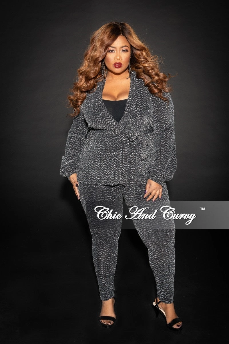 Final Sale Plus Size Final Sale Plus Size Jacquard 2-Piece Lounge Set with Tie in Silver and Black Glitter (Seasonal) Trendy Vibe