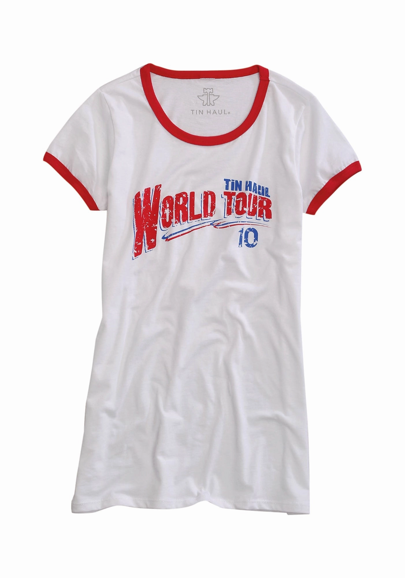 Tin Haul Womens World Tour 10 White/Red 100% Cotton S/S T-Shirt Sustainable Choice Abstract print