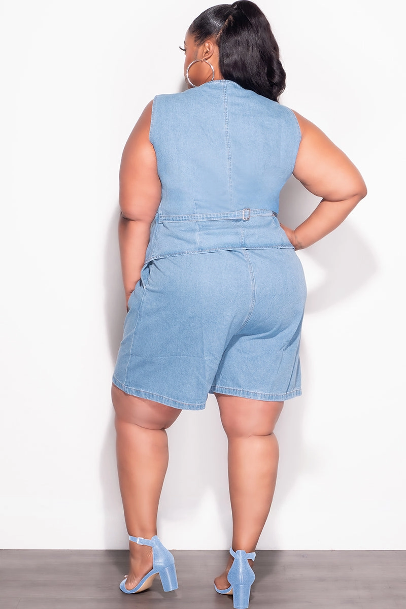 Sporty Comfort Wear Final Sale Plus Size 2pc Sleeveless Blazer Vest Short Set in Denim