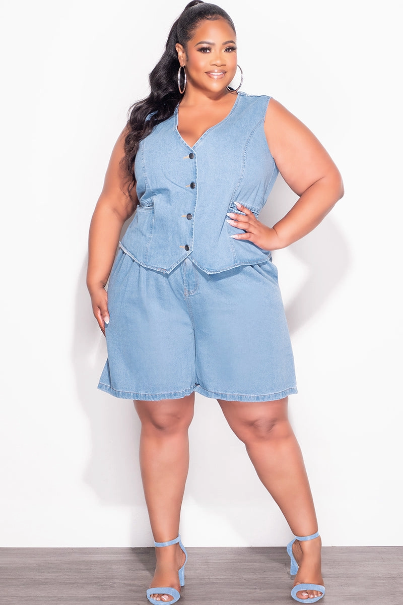 Final Sale Plus Size 2pc Sleeveless Blazer Vest Short Set in Denim Day Wear Light Shape