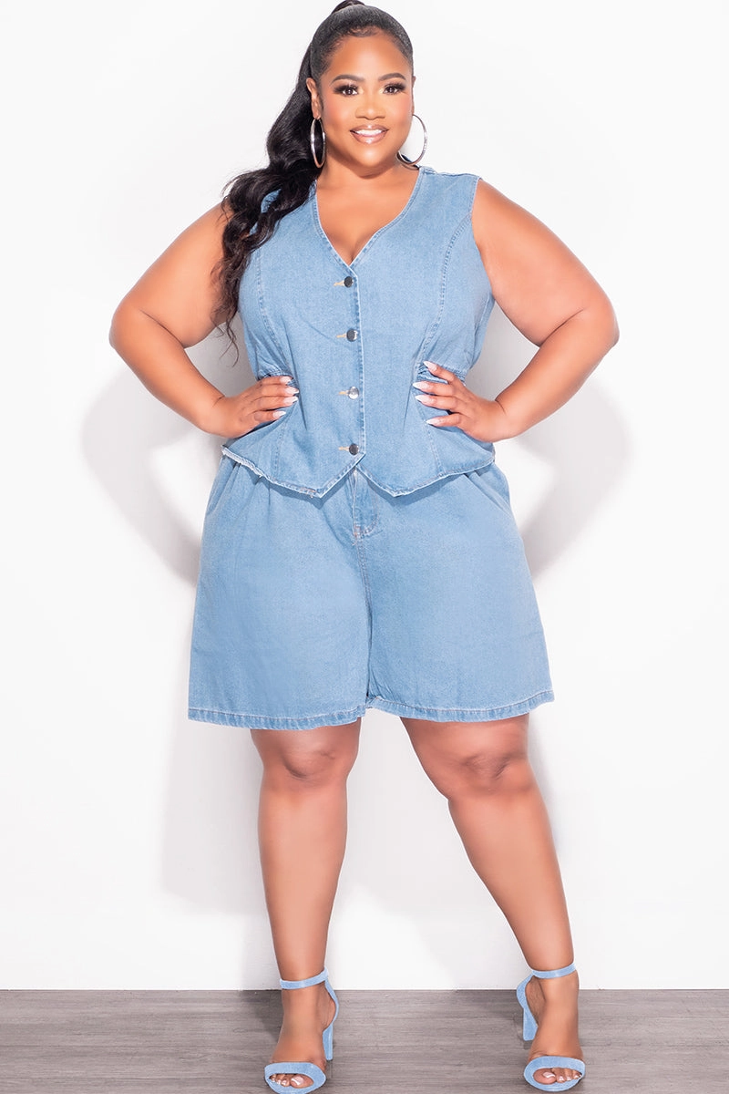 Final Sale Plus Size 2pc Sleeveless Blazer Vest Short Set in Denim Soft Support Slim Stretch Fit