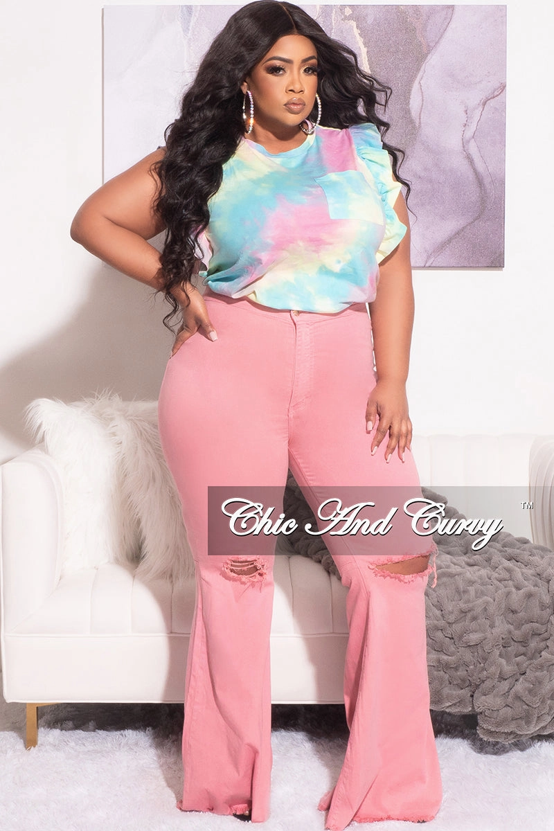 Easy Motion SoftCottonBlend Final Sale Plus Size Ruffle Trim Pocket Patched Shirt in Rainbow Cloud Print