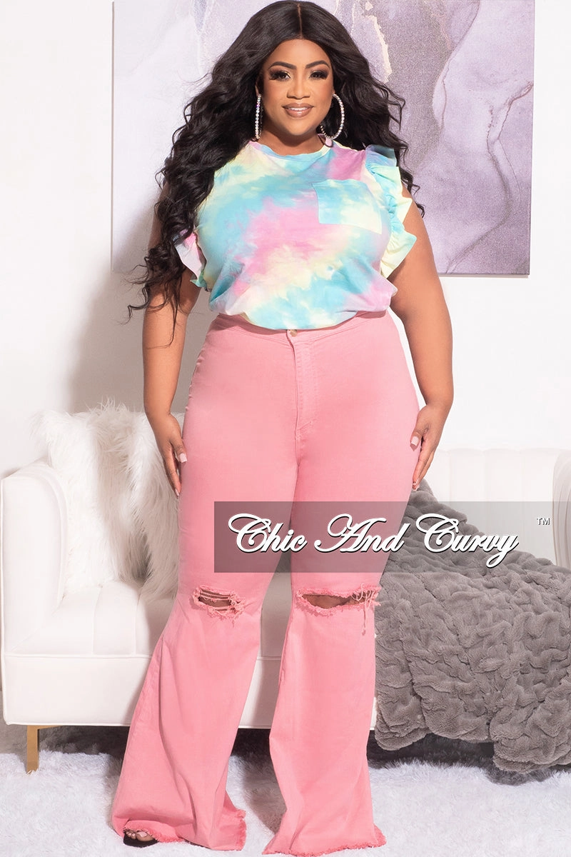 Final Sale Plus Size Ruffle Trim Pocket Patched Shirt in Rainbow Cloud Print Seamless Comfort StaticDissipative